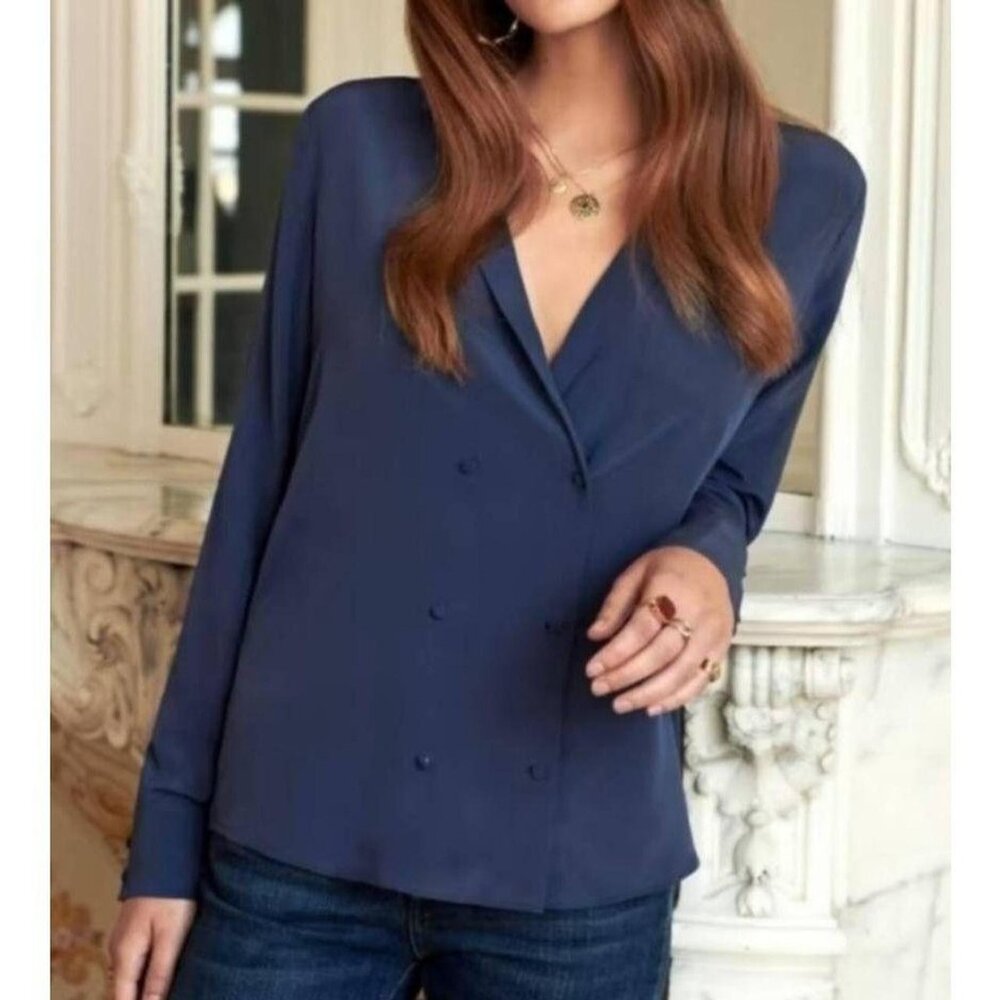 Sezane Linette Silk Shirt in Oil Blue